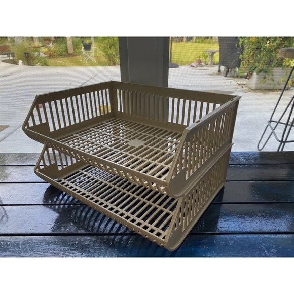 Desk Organizer Paper Tray Office Storage 2 Tier Plastic Beige Retro - Picture 6 of 6